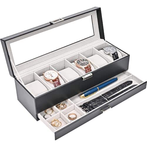 ProCase Watch Box Organizer for Men, Slot Watch Display Case with Drawer, Christmas Gift Mens Watch Box Watch Case Holder, atch Box Double layer Jewelry and Watch Storage Case  Black