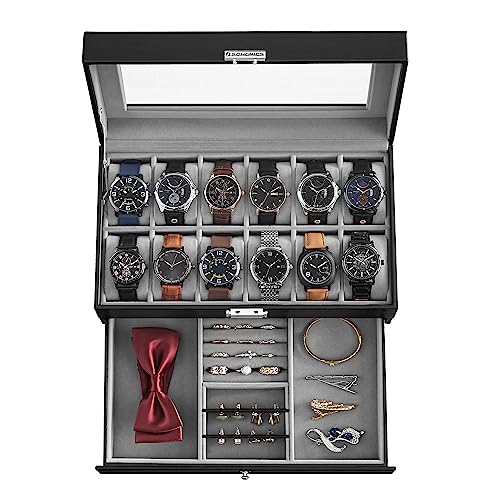 SONGMICS Slot Watch Box, Christmas Gifts, Lockable Watch Case with Glass Lid, Layers, with Drawer for Rings, Bracelets, Gift Idea, Black Synthetic Leather, Gray Lining UJWB