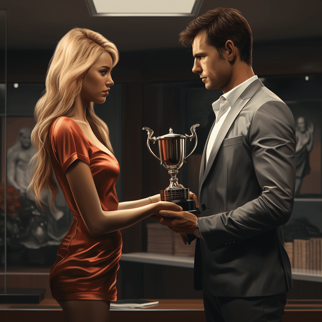 Female Supermodel Handing a Sad Man a Trophy
