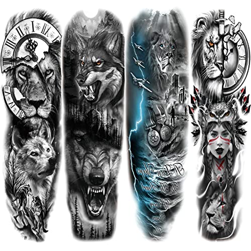 Briyhose Lion Wolf Temporary Tattoo Sleeve, Large Full Arm Animal Tribal Fake Tattoos Sleeve For Men Women Adult, Long Lasting Black Arm Temp Tatoo Sticker Leg Body Art Makeup