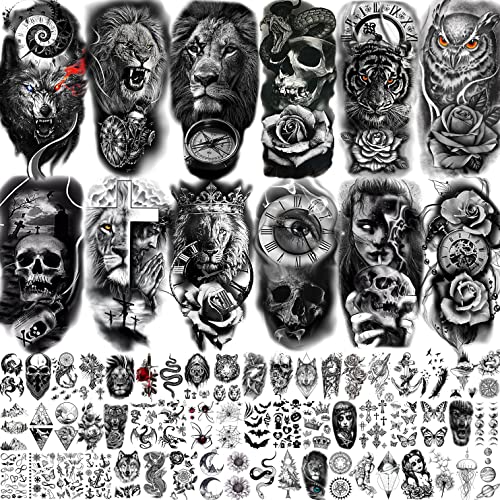 COKTAK Sheets Large Half Arm Sleeve Temporary Tattoos For Men Women Forearm, Tribal Wolf Tiger Lion Owl Skull Temp Halloween Fake Tattoo Stickers Adults, Black Realistic Tatto