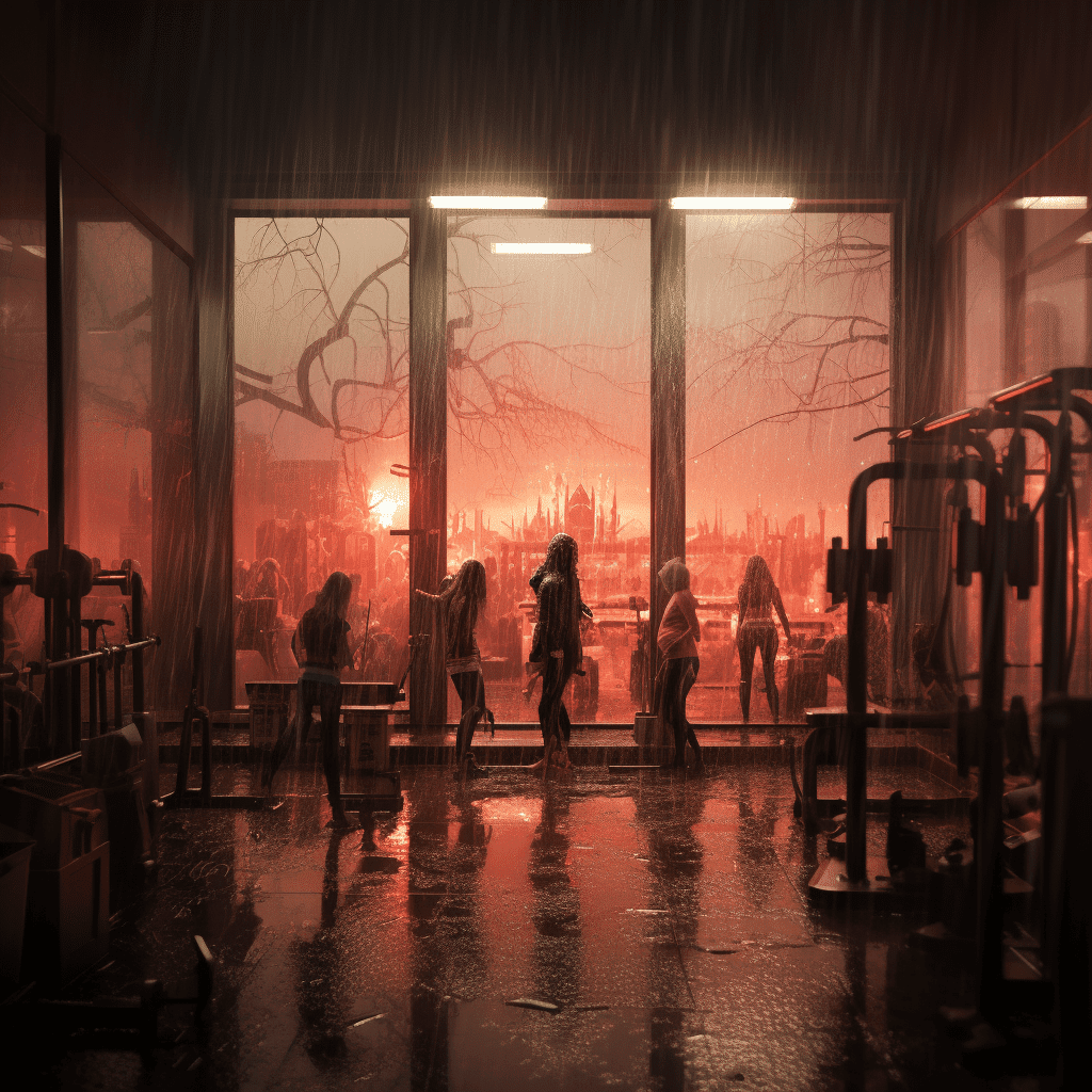 Real Fitness Barbie Models in the Gym Working Out in Rain Fire Gym