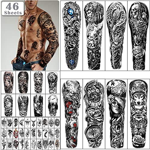 sheets Full Arm Skull Temporary Tattoos For Men Half Arm Shoulder Angel Tattoo for Ladies Fake Waterproof Wolf Lion Stone Tattoo Stickers For Adult or Kids